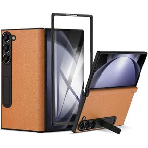 جلد أصلي لهاتف Samsung Galaxy Z Fold 6، جلد محبب بالكامل + غلاف صلب من البولي كربونات مع واقي شاشة مدمج أمامي، حماية للمفصلات المغناطيسية، مقاس نحيف مقاوم للسقوط والخدش (أسود)