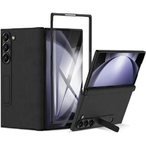 Genuine Leather for Samsung Galaxy Z Fold 6,Full Grain Leather + Hard PC Shell Ultra with Front Built-in Screen Protector,Magnetic Hinge Protection, Slim Fit-Drop and Scratch Resistant (Black)