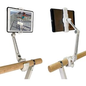 Tablet Holder with Round Clamp Clamps to 1.25" - 1.75" Barre | Sturdy Metal, Stable Base | Adjusts Firmly and Securely | Compatible iPad Mini/Most Phones/Small Tablets