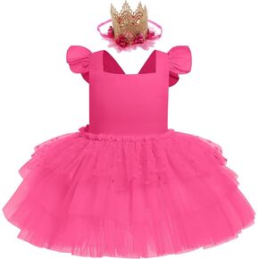ODASDO Baby Girl First Birthday Cake Smash Outfit Flutter Sleeve Princess Tutu Tulle Romper Dress with Tiara Headband