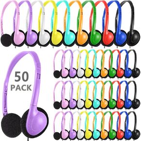 50 Pack Bulk Classroom Headphones for Kids Students School, Multi Color Wired Headphones with 3.5mm Jack for Children Chromebook Laptop PC Computer(LS04,50 Mixed)