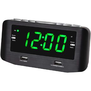 HANNLOMAX HX-146CR Alarm Clock Radio, PLL FM Radio, Dual Alarm, 1.2" Green LED Display, Bluetooth, 1 USB Port for 2.4A Charging and 1 USB Port 1A Charging/MP3 Playback (Black)