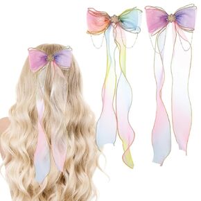 Qianyu 2 PCS Hair Bows for Girls Colorful Little Princess Lace Mesh Bows Hair Clips Extended Ribbon Can Braid Summer Rainbow Bows Alligator Clips for Toddlers Baby Girls Kids Teens Gifts Hair Accessor