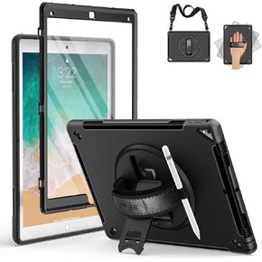 حافظة SUPFIVES لجهاز iPad Pro 12.9 2015/2017: حافظة iPad 12.9 بوصة الجيل الأول/ الثاني من السيليكون المقاوم للصدمات بدرجة عسكرية مع حامل قلم رصاص + مقبض + حزام كتف + حامل دوار، أسود