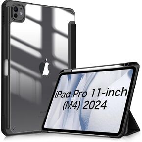 Fintie Hybrid Slim Case for iPad Pro 11-inch M4 (2024) (Model Number: A2836/A2837/A3006) - [Built-in Pencil Holder] Shockproof Protective Cover with Clear Transparent Back Shell, Black