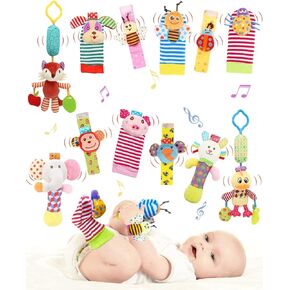 Wrist Rattle Foot Sock Rattles, Hand Arm Leg Ankle Handheld Rattles, Hanging Rattle Clip On Car Seat & Stroller, Sensory Plush Animal Toys for Newborn Baby Girls and Boys (B12)