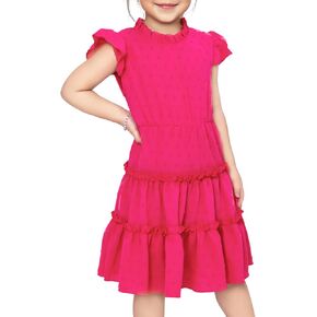 فستان للفتيات الصغيرات فستان وردي ساخن بأكمام رفرفة متدرج على شكل حرف a ملابس صيفية لحفلات الشاطئ فستان الشمس من 2-7 سنوات in Kuwait