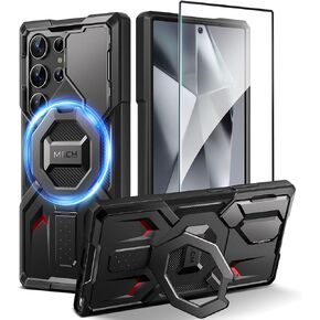حافظة TONGATE لهاتف Samsung Galaxy S24 Ultra متوافقة مع MagSafe، [حامل حلقي وغطاء كاميرا] حافظة هاتف متينة مقاومة للصدمات لهاتف S24 Ultra مع واقي شاشة 6.8 بوصة، أسود