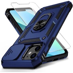 for iPhone 12 Mini Case with Slide Lens Cover, HD Screen Protector, Military Grade Drop Protection, Magnetic Rotated Ring Holder Kickstand Phone Case for iPhone 12 Mini (Navy Blue)