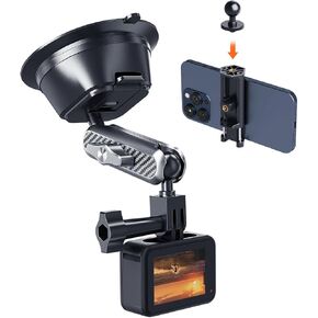 A2C Suction Cup Mount for Gopro iPhone, Anti-Shake Metal Arm Car Camera Mount with 1/4 Thread & Phone Holder, Car Boat Windshield Window VLOG/Video Holder for Gopro Hero insta360 DJI Action Camera