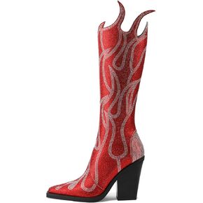 YIYA Women's Rhinestone Flame Pattern Knee High Boots Pointed Toe Chunky High Heel Fashion Side Zipper Sparkly Boots