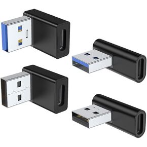 AreMe 90 Degree USB to USB C Adapter 4 Pack, Up and Down Angle, Left and Right Angle Type C Female to A Male Converter Extender for PC, Laptop, USB A Charger, Power Bank and More (Black)