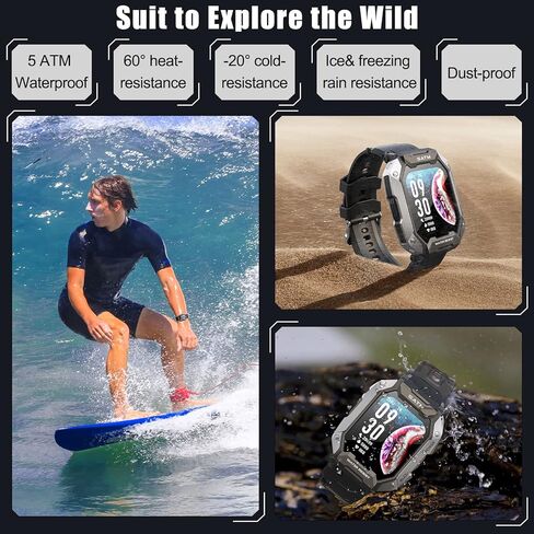 ساعات ذكية للرجال 5ATM/IP69K مقاومة للماء لتتبع اللياقة البدنية، ساعة ذكية عسكرية لهواتف Android iPhone مع مراقبة معدل ضربات القلب وضغط الدم - 1.71 بوصة ساعة ذكية تكتيكية للرياضات الخارجية in Kuwait