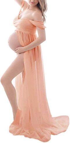Maternity Chiffon Off Shoulder Gown Front Split Maxi Photoshoot Photography Dress (Medium, Pink Coral) in Saudi Arabia
