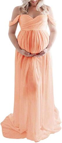 Maternity Chiffon Off Shoulder Gown Front Split Maxi Photoshoot Photography Dress (Medium, Pink Coral) in Saudi Arabia