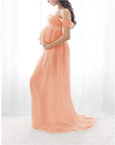 Maternity Chiffon Off Shoulder Gown Front Split Maxi Photoshoot Photography Dress (Medium, Pink Coral) in Saudi Arabia