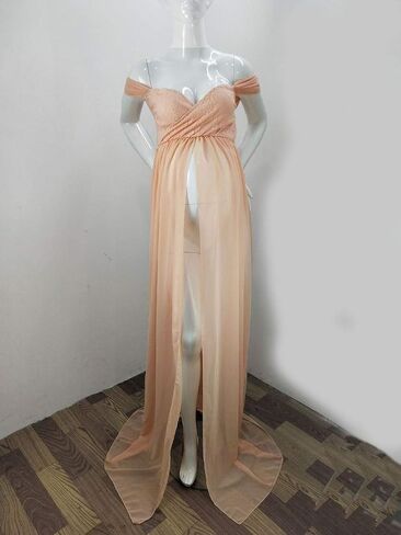Maternity Chiffon Off Shoulder Gown Front Split Maxi Photoshoot Photography Dress (Medium, Pink Coral) in Saudi Arabia