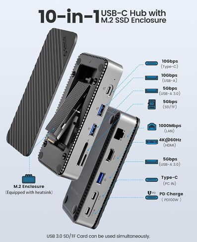 USB C Hub with M.2 SSD Enclosure, ORICO 10-in-1 USB-C Docking Station, 10Gbps USB 3.2 Gen2 M.2 NVMe/SATA SSD Reader, Support 4K@60Hz HDMI, 100W PD, SD/TF, Ethernet - DPM2P9 in Saudi Arabia