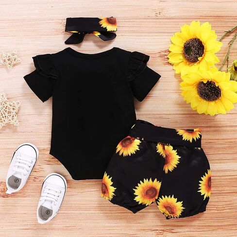 Isn't She Lovely Newborn Baby Girls Coming Home Outfit Ruffle Romper Shorts Pants Headband 3PCS Summer Clothes Set Black - Little Miss Sassy Pants Sunflower 0-3 Months in Saudi Arabia