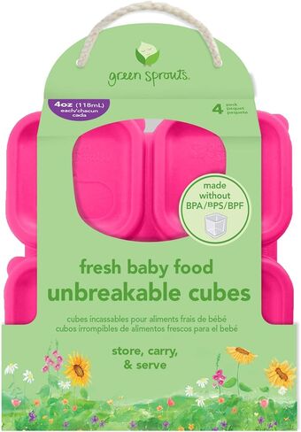 green sprouts Fresh Baby Food Unbreakable Cubes (2oz/4pk) | Store, carry, & serve homemade baby food | Lid provides leak-proof seal, Made from safer plastic, Embossed with measurements in Saudi Arabia