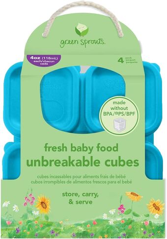 green sprouts Fresh Baby Food Unbreakable Cubes (2oz/4pk) | Store, carry, & serve homemade baby food | Lid provides leak-proof seal, Made from safer plastic, Embossed with measurements in Saudi Arabia