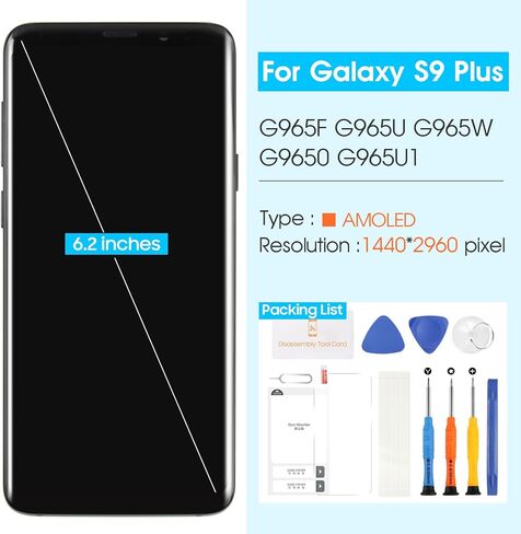 استبدال شاشة AMOLED لهاتف Samsung Galaxy S9 Plus LCD Dispaly لهاتف Samsung S9+ G965U G965A G965W 6.2 بوصة محول رقمي لشاشة اللمس الزجاجية أجزاء إصلاح مجموعة الاستشعار مع الإطار (أسود) in Saudi Arabia