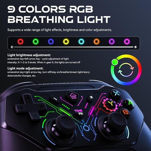 وحدة تحكم لاسلكية ANGFA متوافقة مع سويتش/لايت/OLED والكمبيوتر الشخصي، وحدة تحكم RGB لاسلكية لنظام التشغيل Windows/Switch مع 9 ألوان RGB LED، بطارية 1000 مللي أمبير، اهتزاز مزدوج، جيروسكوبي 6 محاور، توربو، استيقظ (أسود) in Kuwait