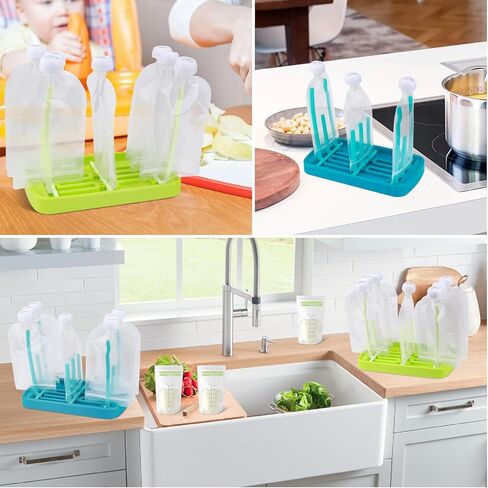 Palksky 2 قطعة من الحقائب البلاستيكية القابلة لإعادة الاستخدام رف تجفيف للأطفال الصغار/أكياس طعام الأطفال، أكياس تخزين أغذية الأطفال القابلة لإعادة الملء وحامل للزبادي/صلصة التفاح/الفاكهة/العصائر/أكياس حليب الثدي in Kuwait