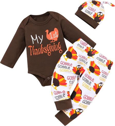 My First Thanksgiving Baby Boy Outfit Turkey Romper Gobble Pants with Hat Thanksgiving Clothes in Saudi Arabia