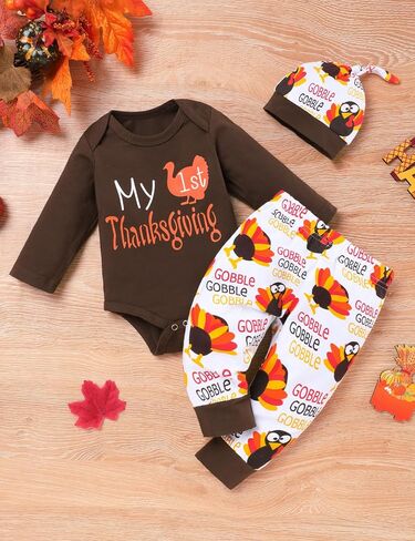 My First Thanksgiving Baby Boy Outfit Turkey Romper Gobble Pants with Hat Thanksgiving Clothes in Saudi Arabia