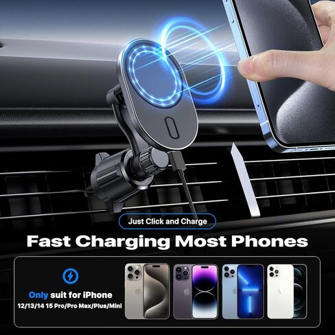شاحن سيارة لاسلكي مغناطيسي Miracase، لشاحن تثبيت السيارة MagSafe [شحن سريع 15 وات] حامل هاتف السيارة، [دوران 360 درجة] شاحن هاتف السيارة بفتحة تهوية مناسب فقط لسلسلة iPhone 15/14/13/12 in Kuwait
