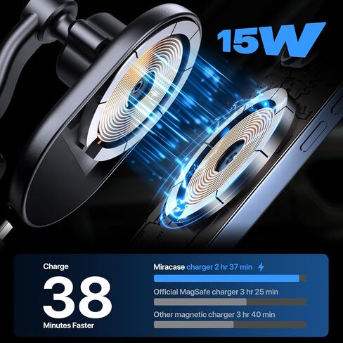 شاحن سيارة لاسلكي مغناطيسي Miracase، لشاحن تثبيت السيارة MagSafe [شحن سريع 15 وات] حامل هاتف السيارة، [دوران 360 درجة] شاحن هاتف السيارة بفتحة تهوية مناسب فقط لسلسلة iPhone 15/14/13/12 in Kuwait