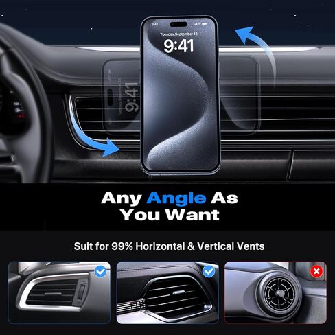 شاحن سيارة لاسلكي مغناطيسي Miracase، لشاحن تثبيت السيارة MagSafe [شحن سريع 15 وات] حامل هاتف السيارة، [دوران 360 درجة] شاحن هاتف السيارة بفتحة تهوية مناسب فقط لسلسلة iPhone 15/14/13/12 in Kuwait