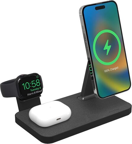 شاحن mophie Snap+ 3 في 1، 15 واط لاسلكي متوافق مع iPhone14، MagSafe، وغيرها من الهواتف التي تدعم Qi، AirPods، محول للساعة الذكية (Apple أو Galaxy) (شاحن الساعة غير متضمن، قم بتوصيل شاحنك الخاص) in Kuwait