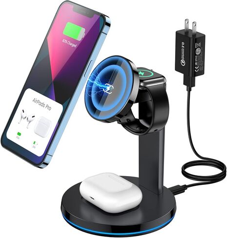 قاعدة شحن لاسلكية مغناطيسية، قاعدة شحن سريعة وآمنة 3 في 1 من KOOPAO لهواتف iPhone 15/14/13/12/Pro Max/Pro/Mini، iWatch 9/8/7/6/SE/5/4/3/2 ، iPods 2/Pro مع محول PD-أسود in Kuwait