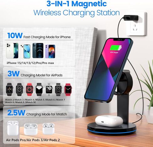 قاعدة شحن لاسلكية مغناطيسية، قاعدة شحن سريعة وآمنة 3 في 1 من KOOPAO لهواتف iPhone 15/14/13/12/Pro Max/Pro/Mini، iWatch 9/8/7/6/SE/5/4/3/2 ، iPods 2/Pro مع محول PD-أسود in Kuwait