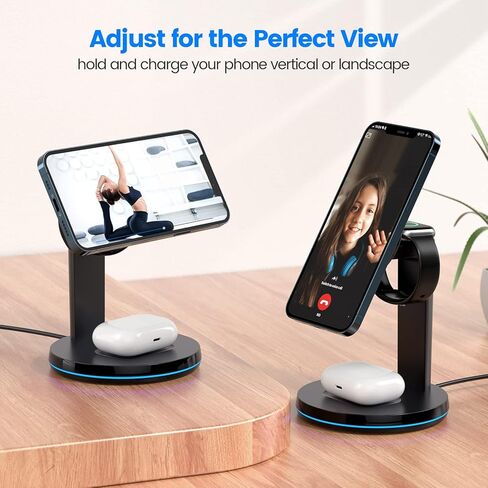 قاعدة شحن لاسلكية مغناطيسية، قاعدة شحن سريعة وآمنة 3 في 1 من KOOPAO لهواتف iPhone 15/14/13/12/Pro Max/Pro/Mini، iWatch 9/8/7/6/SE/5/4/3/2 ، iPods 2/Pro مع محول PD-أسود in Kuwait