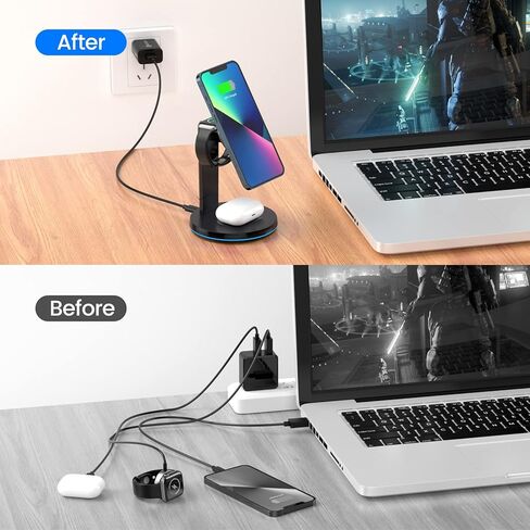 قاعدة شحن لاسلكية مغناطيسية، قاعدة شحن سريعة وآمنة 3 في 1 من KOOPAO لهواتف iPhone 15/14/13/12/Pro Max/Pro/Mini، iWatch 9/8/7/6/SE/5/4/3/2 ، iPods 2/Pro مع محول PD-أسود in Kuwait