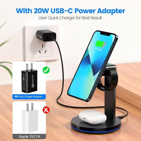 قاعدة شحن لاسلكية مغناطيسية، قاعدة شحن سريعة وآمنة 3 في 1 من KOOPAO لهواتف iPhone 15/14/13/12/Pro Max/Pro/Mini، iWatch 9/8/7/6/SE/5/4/3/2 ، iPods 2/Pro مع محول PD-أسود in Kuwait