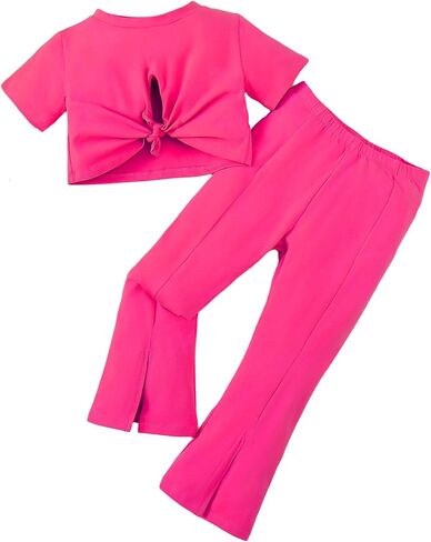 SOBOWO Toddler Girl Summer Clothes Solid Knot Front Short Sleeve T-Shirt Tops Split Flare Pants 2Pcs Baby Bell Bottom Outfits in Saudi Arabia