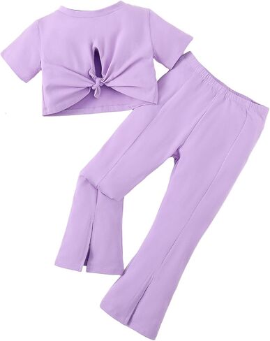 SOBOWO Toddler Girl Summer Clothes Solid Knot Front Short Sleeve T-Shirt Tops Split Flare Pants 2Pcs Baby Bell Bottom Outfits in Saudi Arabia