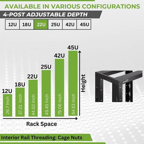 NavePoint 22U 4 Post Server Rack – Open Frame Rack for 19 Inch Equipment, Adjustable Depth 4-Post Network Rack Floor Mount, 22U Server Rack 793lbs Capacity, Black in Saudi Arabia