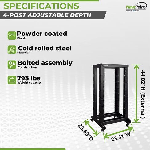 NavePoint 22U 4 Post Server Rack – Open Frame Rack for 19 Inch Equipment, Adjustable Depth 4-Post Network Rack Floor Mount, 22U Server Rack 793lbs Capacity, Black in Saudi Arabia