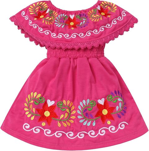 AWIBMK Baby Girls Mexican Dress Off Shoulder Floral Embroidered Dresses Cinco De Mayo Kids Traditional Ethnic Wear Outfit in Saudi Arabia