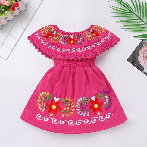 AWIBMK Baby Girls Mexican Dress Off Shoulder Floral Embroidered Dresses Cinco De Mayo Kids Traditional Ethnic Wear Outfit in Saudi Arabia
