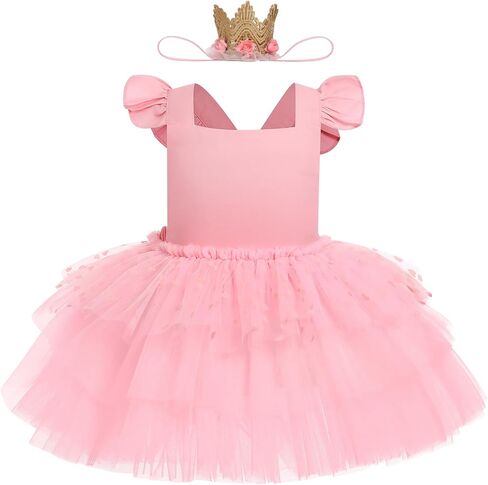 ODASDO Baby Girl First Birthday Cake Smash Outfit Flutter Sleeve Princess Tutu Tulle Romper Dress with Tiara Headband in Saudi Arabia