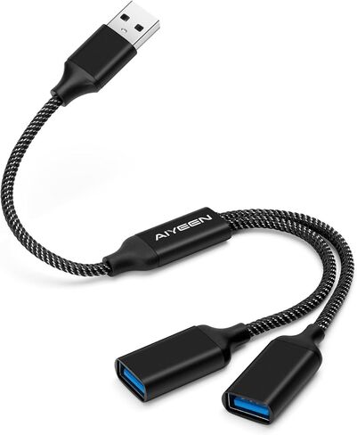 كابل مقسم USB، محول USB A مقسم 1 في 2، محور منفذ مزدوج لنقل البيانات/الشحن، تمديد إضافي لسلك الطاقة المقسوم للسيارة/الكمبيوتر المحمول/Mac/PC (أسود) in Kuwait