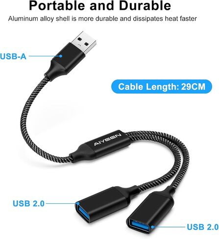 كابل مقسم USB، محول USB A مقسم 1 في 2، محور منفذ مزدوج لنقل البيانات/الشحن، تمديد إضافي لسلك الطاقة المقسوم للسيارة/الكمبيوتر المحمول/Mac/PC (أسود) in Kuwait