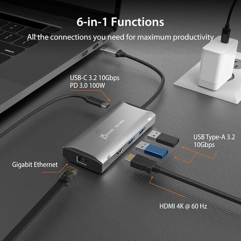 j5create USB C Hub - 4K 60 هرتز HDMI، 2 USB-A 10 جيجابت في الثانية، USB-C 10 جيجابت في الثانية مع PD 100 وات، إيثرنت، | محول متعدد المنافذ لأجهزة MacBook وChromeBook وXPS وSurface Pro (JCD392) in Kuwait