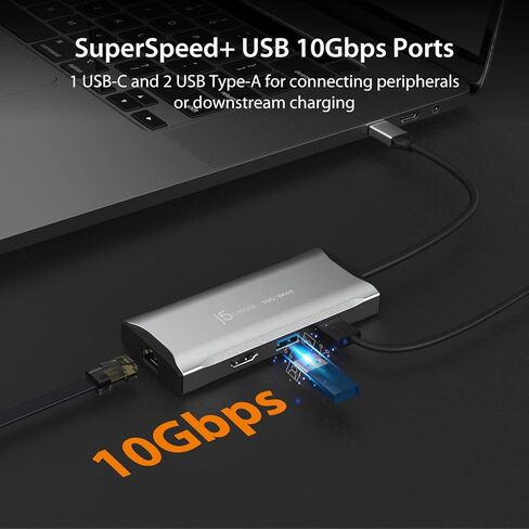 j5create USB C Hub - 4K 60 هرتز HDMI، 2 USB-A 10 جيجابت في الثانية، USB-C 10 جيجابت في الثانية مع PD 100 وات، إيثرنت، | محول متعدد المنافذ لأجهزة MacBook وChromeBook وXPS وSurface Pro (JCD392) in Kuwait